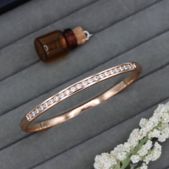 Elegant Rose Gold Bangle with CZ Stones in Sleek Minimal Design, XPBL0415 - Picture 1 of 11